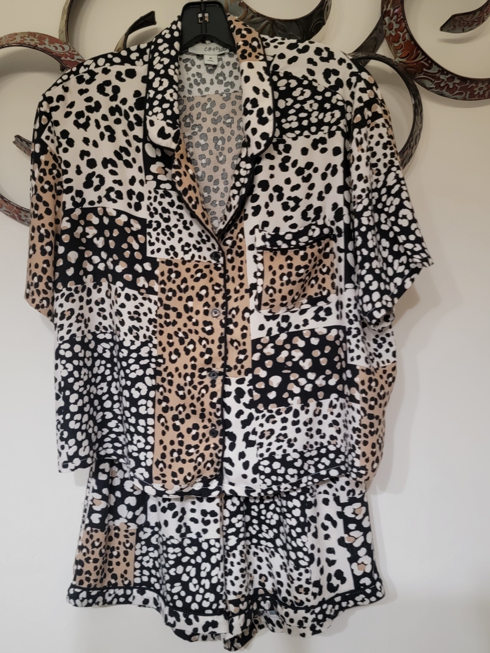 Women's Leopard Patchwork Short Pajama Set - Black, White & Tan